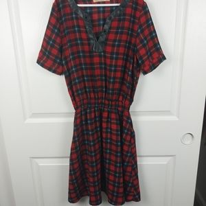 Elf Sack Red Plaid Pleather Split Neck Cinched Dress